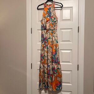 Tahari ASL Vibrant Orange and Green Maxi Dress